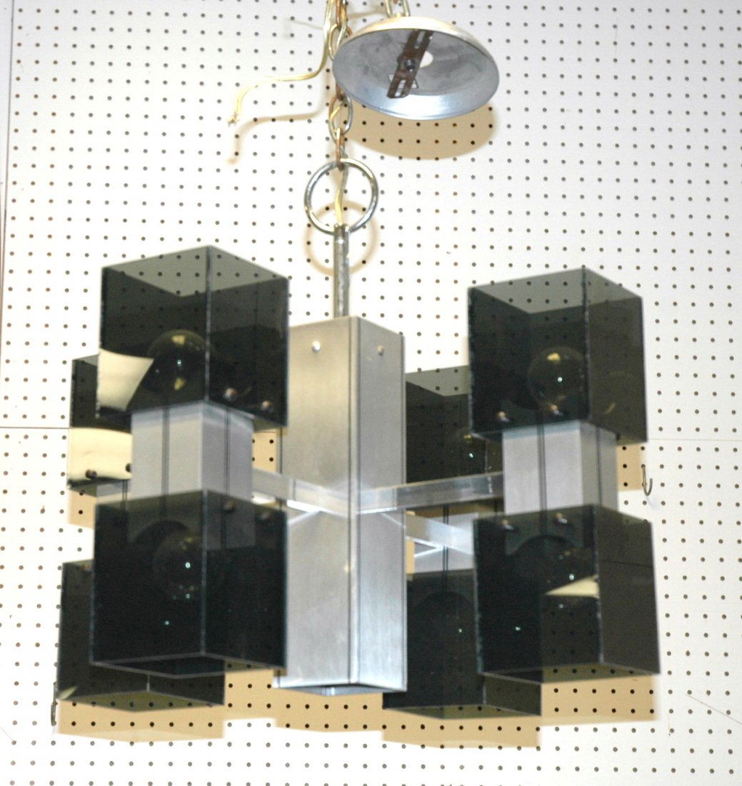 Aluminum Lightolier style Hanging Pendant Light.: Aluminum Lightolier style Hanging Pendant Light. Chandelier. Green Gray Acrylic Shades. Lights up & down.-- Dimensions: H: 18 inches: W: 20 inches ---