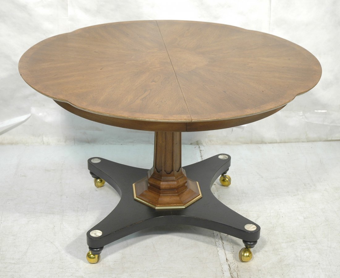 MASTERCRAFT Dining Table. Shaped top with burl ce: MASTERCRAFT Dining Table. Shaped top with burl center and banding. Natural & ebonized base. Inlaid marble discs. (3) 20.25" leaves. -- Dimensions: H: 30.75 inches: W: 48 inches: D: 48 inches ---