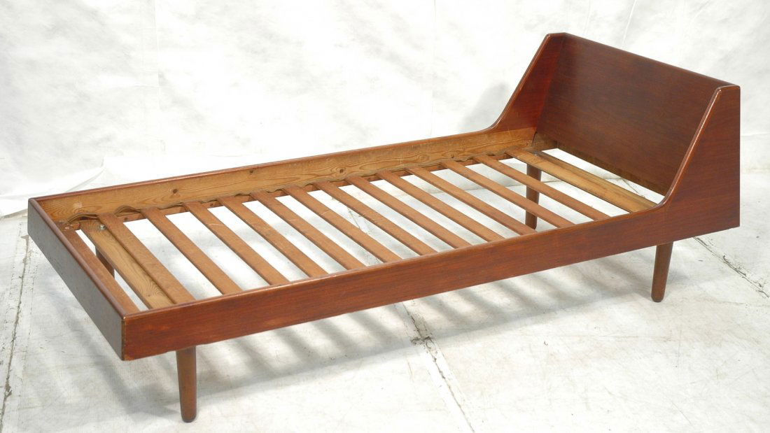 Danish Modern Teak Single Bed. Angled frame on ta: Danish Modern Teak Single Bed. Angled frame on tapered legs. Wegner style. -- Dimensions: H: 29.25 inches: W: 80 inches: D: 35.25 inches ---