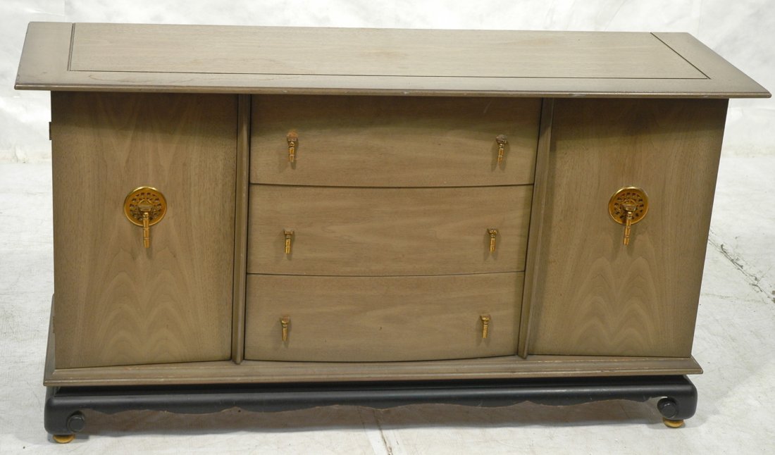 JAMES MONT style Sideboard Credenza. Ebonized Bas: JAMES MONT style Sideboard Credenza. Ebonized Base. Unique metal pendant drop drawer pulls. -- Dimensions: H: 33 inches: W: 61 inches: D: 20 inches ---