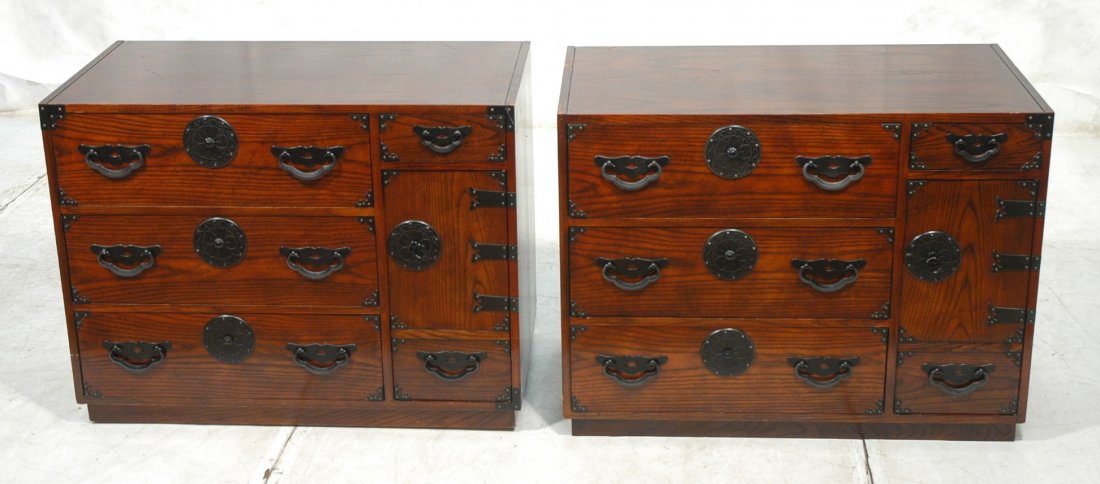 Pr BAKER Asian style Chests Dressers. Three drawe: Pr BAKER Asian style Chests Dressers. Three drawers & one door. Heavy iron pulls. Marked.-- Dimensions: H: 29 inches: W: 38 inches: D: 19.5 inches ---