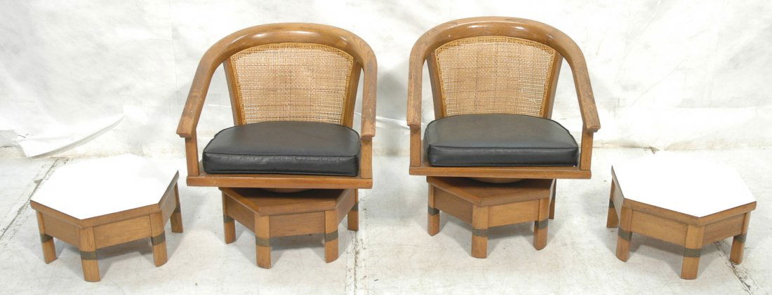 4pc Edward Wormley style Lounge Chairs & Low Tabl: 4pc Edward Wormley style Lounge Chairs & Low Tables. Two Horseshoe Shaped Arm Chairs in Asian inspired style. Cane backs. Pr Tables. -- Dimensions: H: 25.5 inches: W: 23 inches: D: 24 inches ---