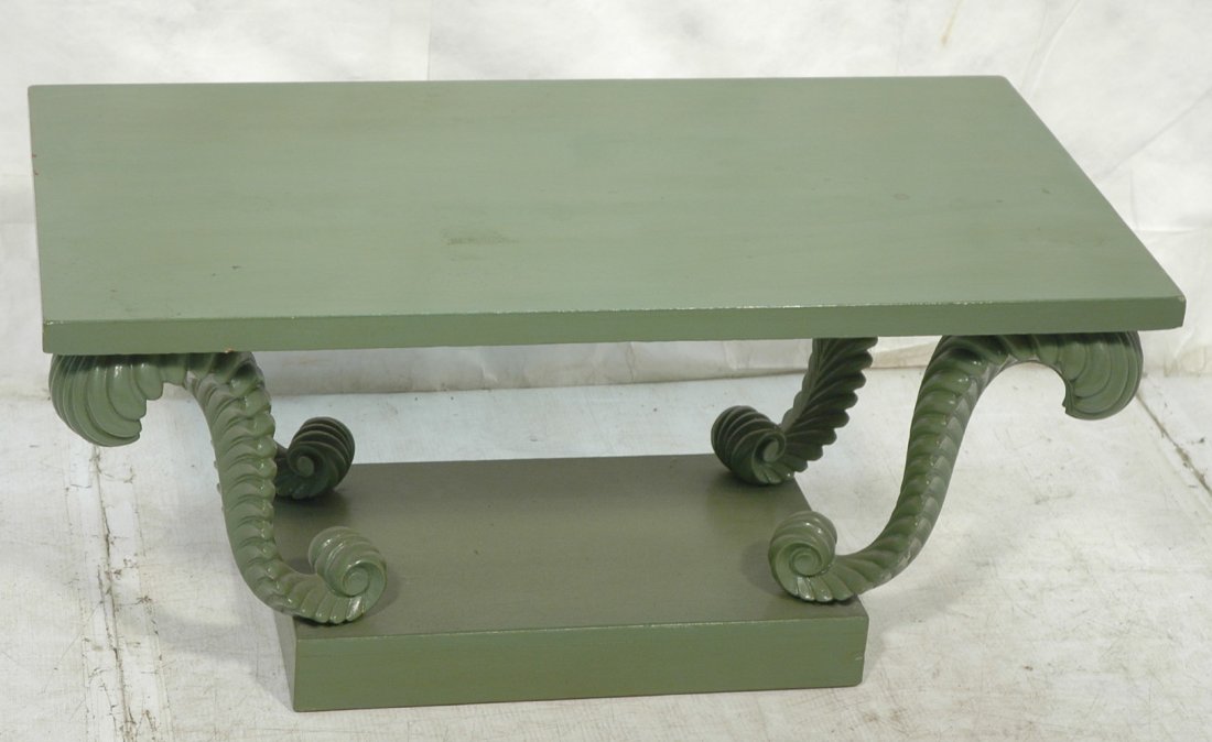 GROSFELD House Cocktail Table. Fleur de Lis Fern: GROSFELD House Cocktail Table. Fleur de Lis Fern Base Coffee Table. Painted Green. Unmarked.-- Dimensions: H: 18.75 inches: W: 40 inches: D: 22 inches ---