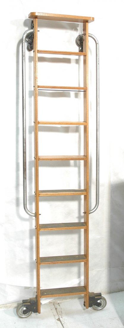 Vintage I.D. COTTERMAN Library Stairs on Rollers.: Vintage I.D. COTTERMAN Library Stairs on Rollers. Oak & steel. -- Dimensions: ---