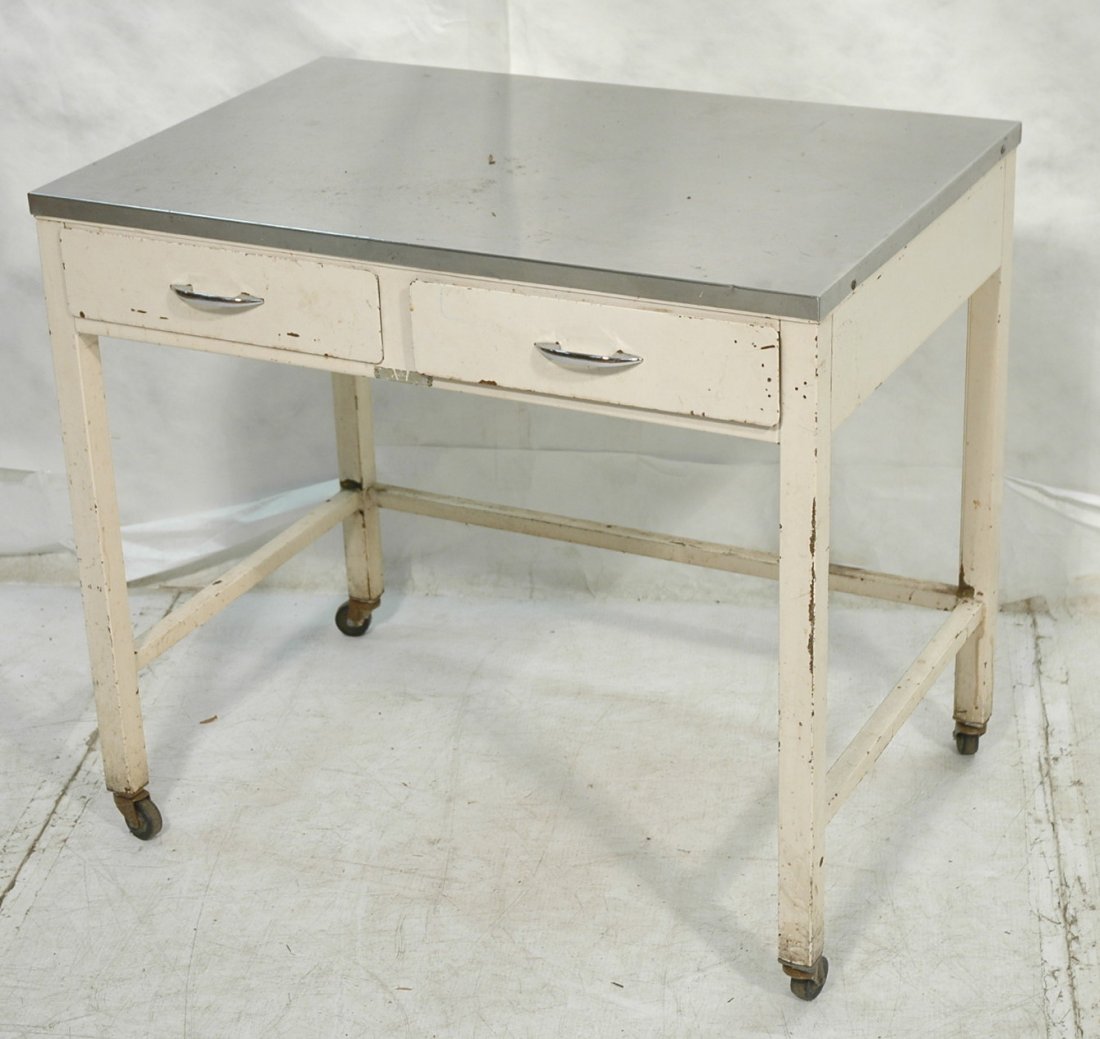 Industrial Steel Two Drawer Desk. Stainless Steel: Industrial Steel Two Drawer Desk. Stainless Steel Top. Painted white base. -- Dimensions: ---