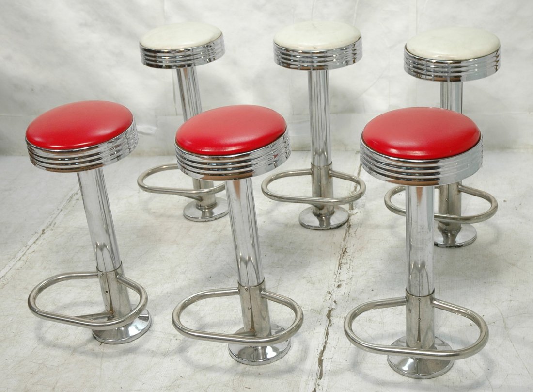 Set 6 ART DECO Bar Stools. Chrome with Foot Rests: Set 6 ART DECO Bar Stools. Chrome with Foot Rests. 3 white tops. 3 red tops. -- Dimensions: H: 29.5 inches: W: 15.5 inches: D: 15 inches ---