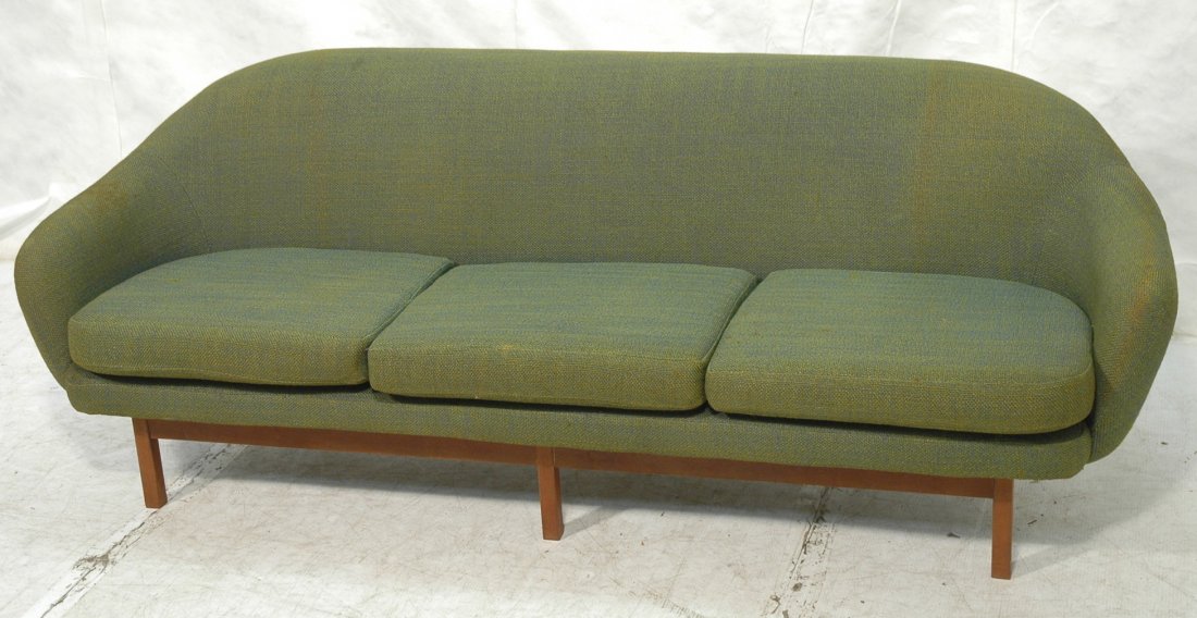 Long Danish Modern Teak Sofa Couch. Green/blue fa: Long Danish Modern Teak Sofa Couch. Green/blue fabric upholstery. Jens Risom style base. -- Dimensions: H: 28 inches: D: 30 inches: L: 81.5 inches ---