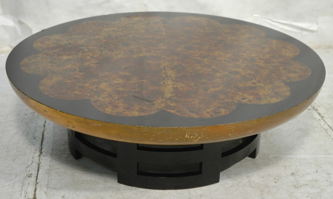 THEODORE MUELLER for Kittinger faux tortoise Coc: THEODORE MUELLER for Kittinger faux tortoise Cocktail Table. Round coffee table with Asian inspired open side base. -- Dimensions: H: 14.25 inches: W: 47.75 inches ---