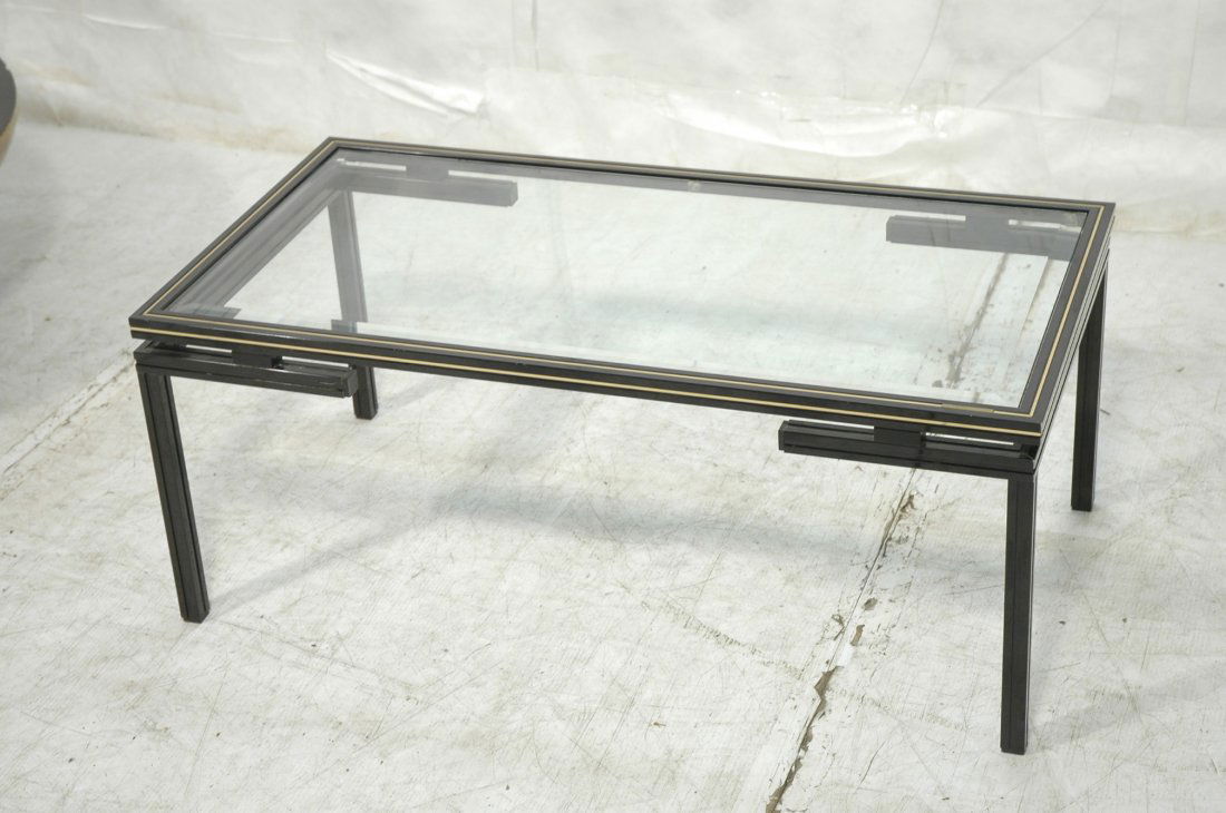 PIERRE VANDEL Paris Coffee Cocktail Table. Black: PIERRE VANDEL Paris Coffee Cocktail Table. Black & gold metal frame with inset glass top. Marked. -- Dimensions: H: 17 inches: W: 41.5 inches: D: 21.5 inches ---