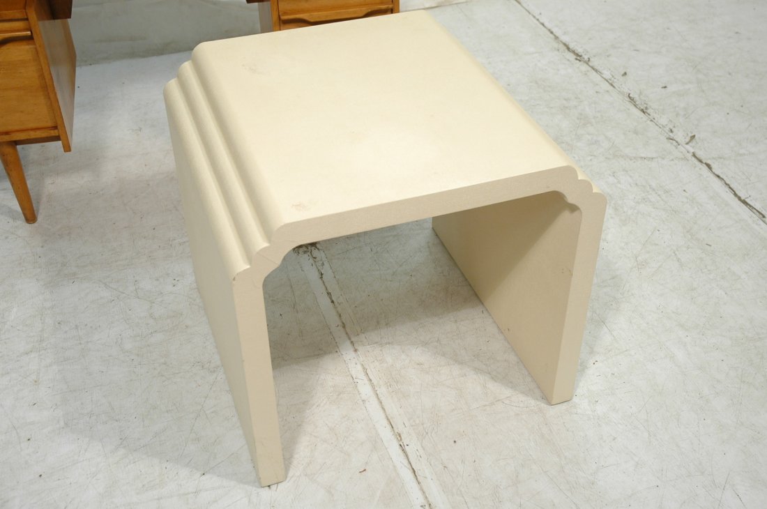 KARL SPRINGER style Lacquered Grass Cloth Side Ta: KARL SPRINGER style Lacquered Grass Cloth Side Table. Occasional table with rounded stepped ends. Unmarked. -- Dimensions: H: 25.25 inches: W: 28.5 inches: D: 28 inches ---