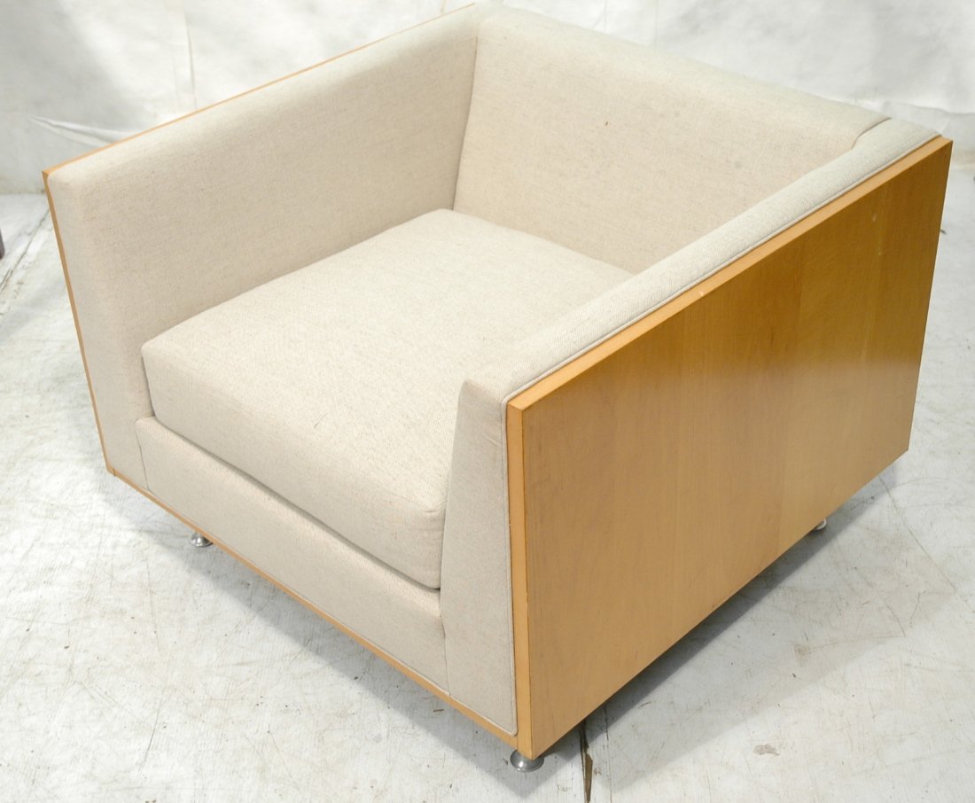 Large Oversized Modernist Cube Lounge Chair. Mapl: Large Oversized Modernist Cube Lounge Chair. Maple frame. Oatmeal upholstery. Herman Miller style Aluminum legs. -- Dimensions: H: 27.25 inches: W: 37 inches: D: 35.5 inches ---