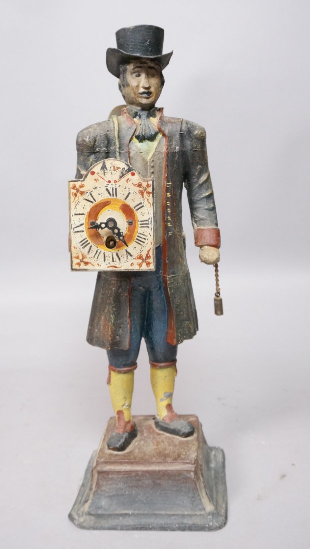 Figural Tole Painted Figural Clock. Plaster metal: Figural Tole Painted Figural Clock. Plaster metal and tin. -- Dimensions: H: 14.5 inches: W: 4.5 inches --- US Shipping charge: $35