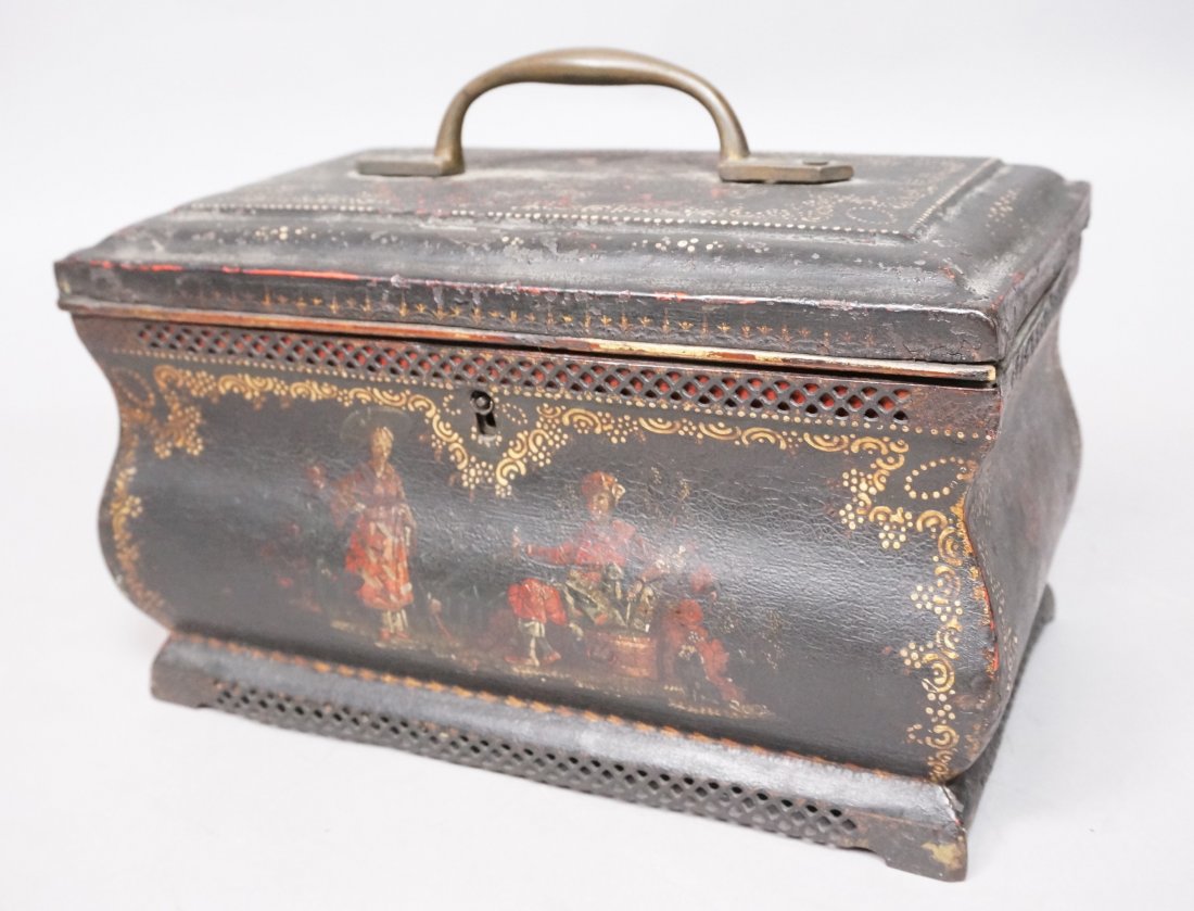 Toleware Painted Tin and Wood Tea Box. Pierced m: Toleware Painted Tin and Wood Tea Box. Pierced metal skirt. -- Dimensions: H: 7.5 inches: W: 9.5 inches: D: 5.5 inches --- US Shipping charge: $35