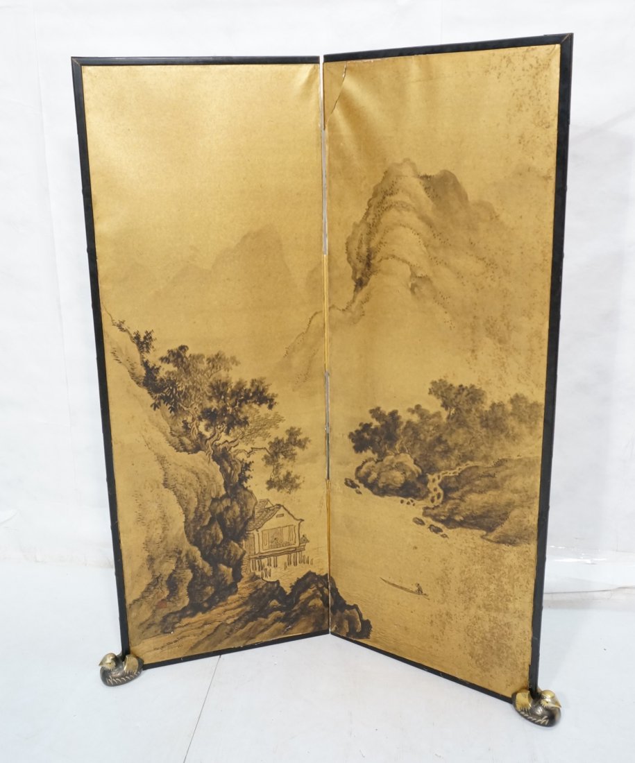 Chinese 2 Part Painted Folding Screen. Brass duck: Chinese 2 Part Painted Folding Screen. Brass duck supports for feet.-- Dimensions: ---