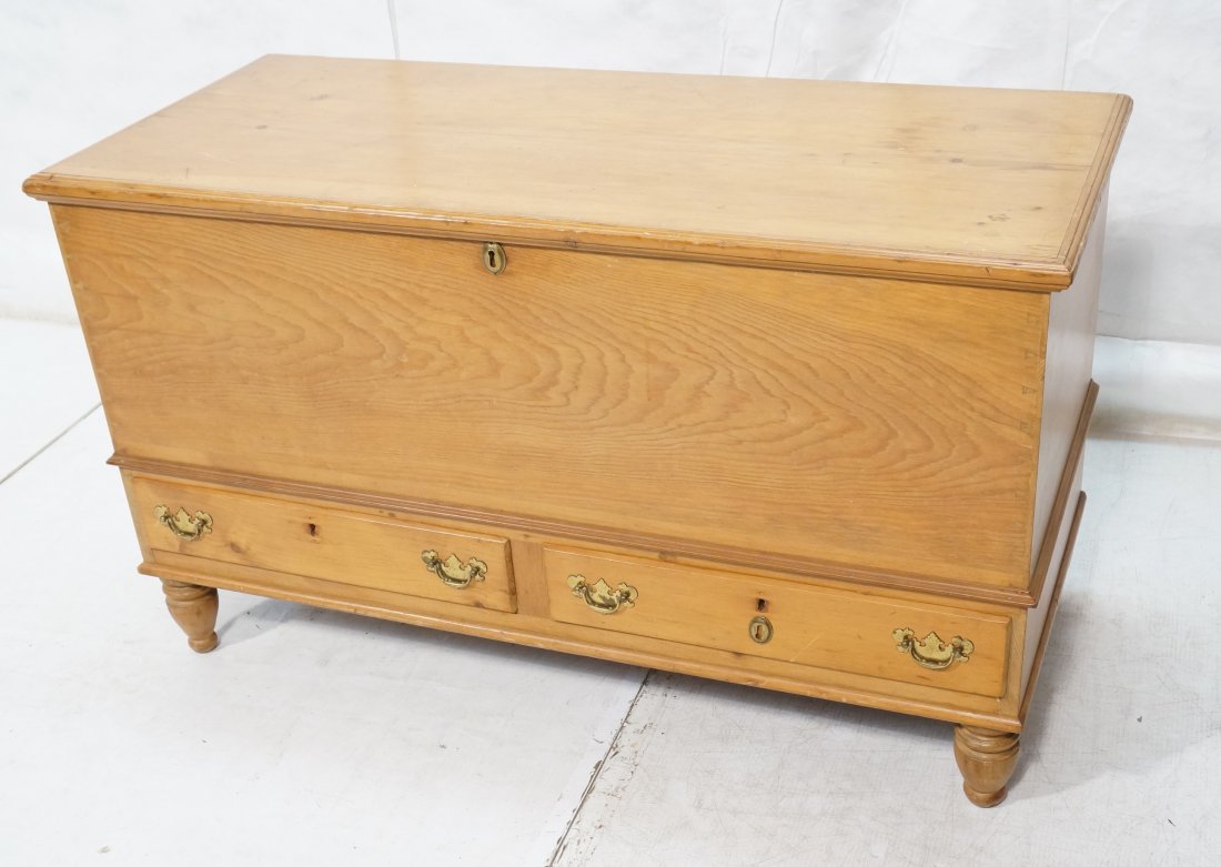 Antique Dovetailed Blanket Chest. Pine with two: Antique Dovetailed Blanket Chest. Pine with two drawers on turned feet.-- Dimensions: H: 28 inches: W: 47 inches: D: 21 inches ---