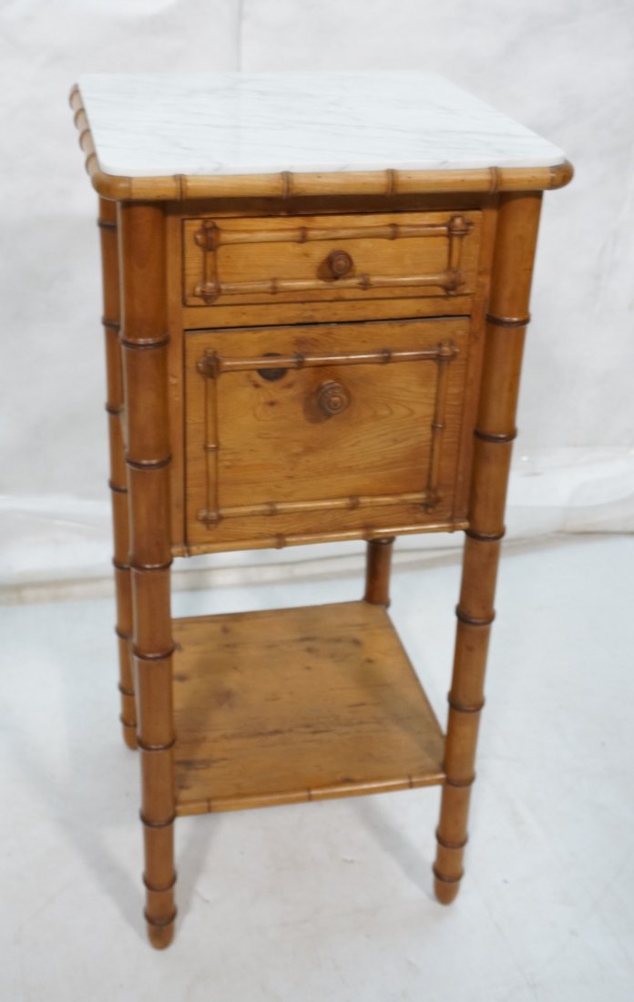 Antique Faux Bamboo Side Table. 1 Drawer and fol: Antique Faux Bamboo Side Table. 1 Drawer and fold down door. Marble top.-- Dimensions: H: 32.25 inches: W: 15 inches: D: 15.25 inches ---