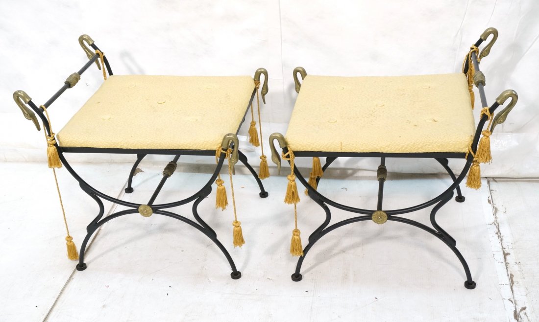Pr Brass Swan Head Iron Benches. Black iron frame: Pr Brass Swan Head Iron Benches. Black iron frames. Brass trim. Gold fabric Cushions. Heavy Construction. -- Dimensions: H: 23 inches: W: 22 inches: D: 18 inches ---
