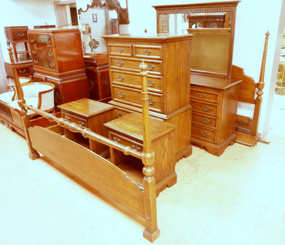 7pc ETHAN ALLEN Oak Bedroom Set. Tall & Low Chest