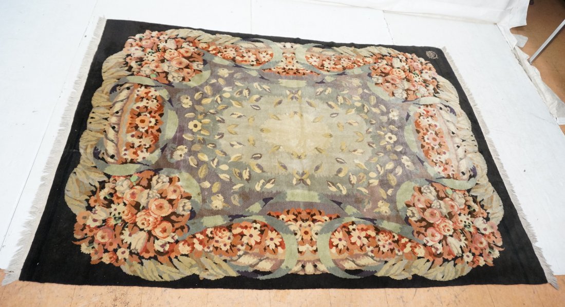 Vintage Room Size Rug Carpet. Black Ground with m: Vintage Room Size Rug Carpet. Black Ground with multi color floral design. Has mark to one corner.-- Dimensions: H: 9'2" inches: W: 6'7" inches ---