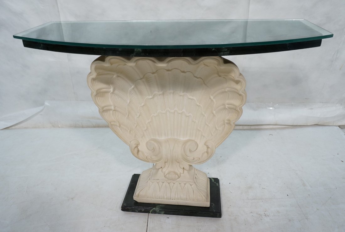 Decorator Plaster Shell Console Table. Faux marbl: Decorator Plaster Shell Console Table. Faux marble base and top. Glass top. -- Dimensions: H: 32.25 inches: W: 41 inches: D: 16.5 inches ---