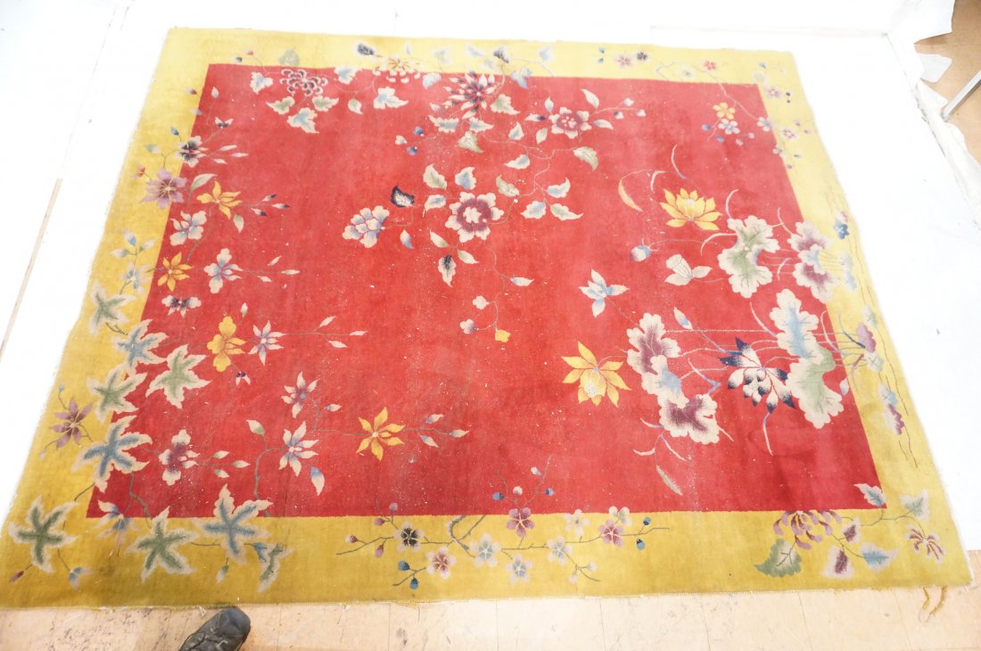 7'11 x 9'7 Chinese Art Deco Rug. Maroon Backgroun: 7'11 x 9'7 Chinese Art Deco Rug. Maroon Background. Gold Border. -- Dimensions: ---
