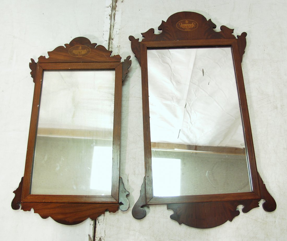 Lot 2 Antique Mirrors. Mahogany Framed Mirrors wi: Lot 2 Antique Mirrors. Mahogany Framed Mirrors with inlaid urn design. -- Dimensions: H: 38 inches: W: 21 inches ---