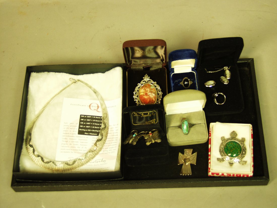 12pc Sterling Jewelry Lot. Vintage Amer Indian tu: 12pc Sterling Jewelry Lot. Vintage Amer Indian turquoise ring. Sterling link necklace. Sterling & Marcasite Pin with courting scene. Two sterling butterfly pins; one with coral & turquoise. Signed Ste