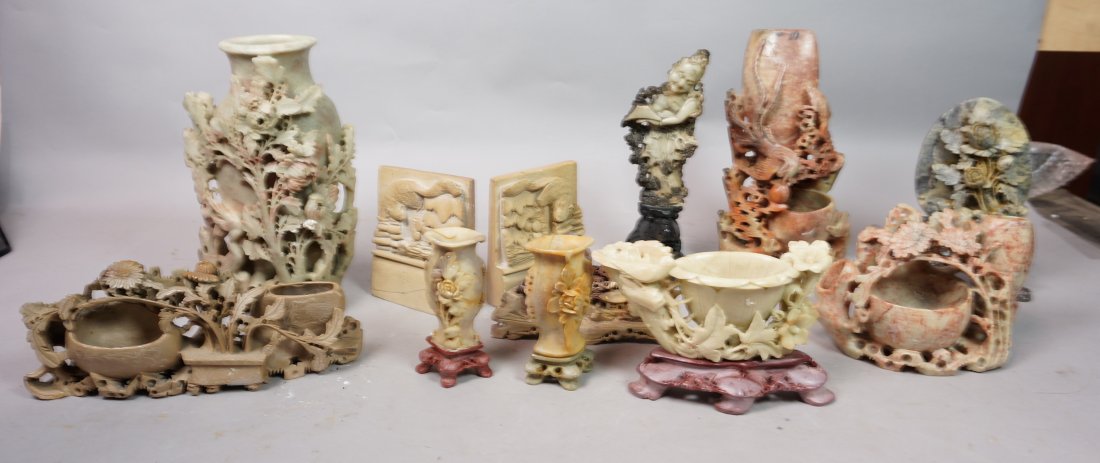 12pcs Carved Soapstone Vases Sculptures. Includes: 12pcs Carved Soapstone Vases Sculptures. Includes pair of bookends. -- Dimensions: H: 10 inches: W: 6 inches --- US Shipping charge: $50