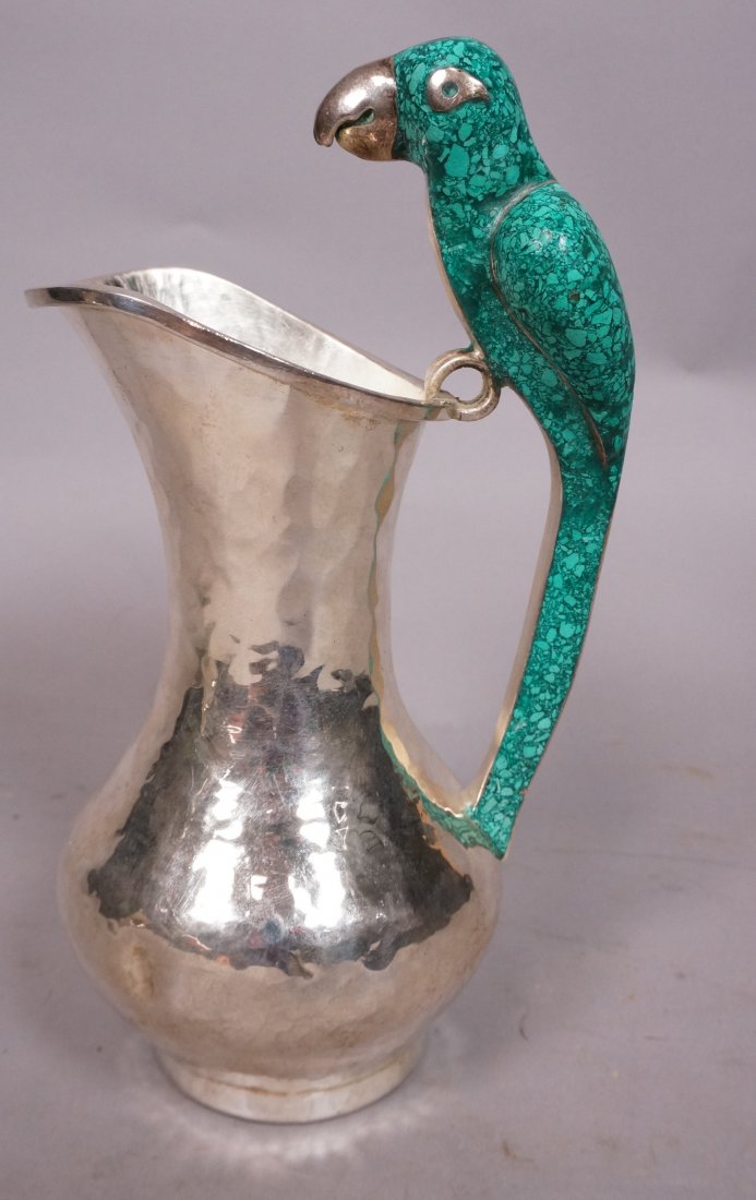 Los Castillo Hammered Silver Pitcher with Parrot.: Los Castillo Hammered Silver Pitcher with Parrot. Turquoise Parrot handle. -- Dimensions: H: 8.5 inches: W: 5 inches: D: 6 inches --- US Shipping charge: $20