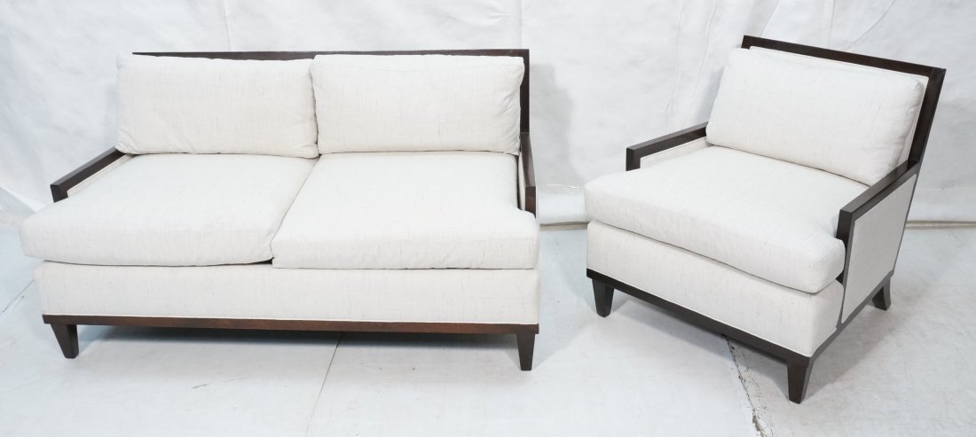 Barbara Barry for Oval Bloomingdales chair and Lo: Barbara Barry for Oval Bloomingdales chair and Loveseat Set. Lounge chair and love seat with wood frames. Manufactured by Henredon.-- Dimensions: H: 30.5 inches: W: 59 inches: D: 31 inches ---
