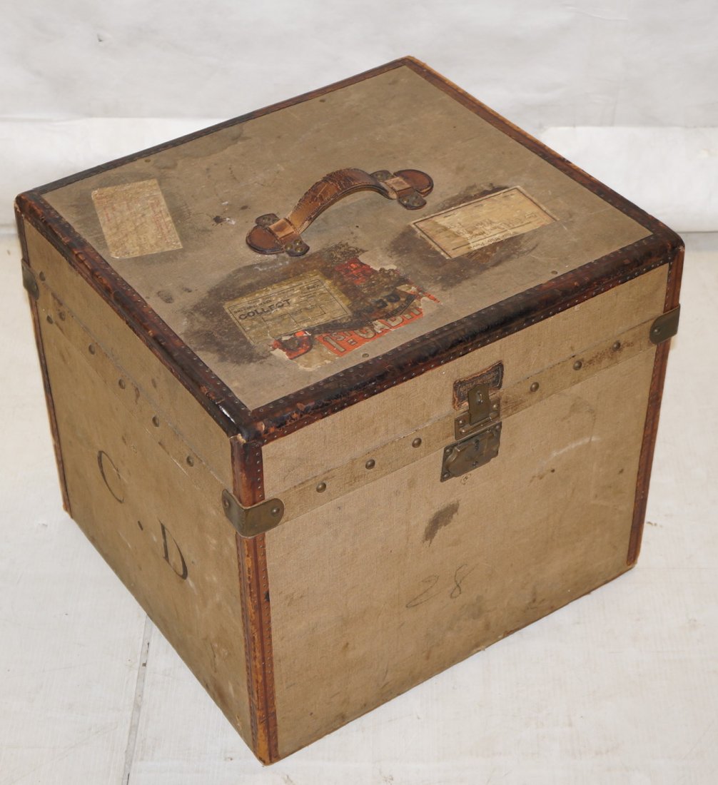 Antique Hat Trunk. Cube form with leather edges.: Antique Hat Trunk. Cube form with leather edges.-- Dimensions: H: 18.25 inches: W: 19 inches: D: 18 inches ---