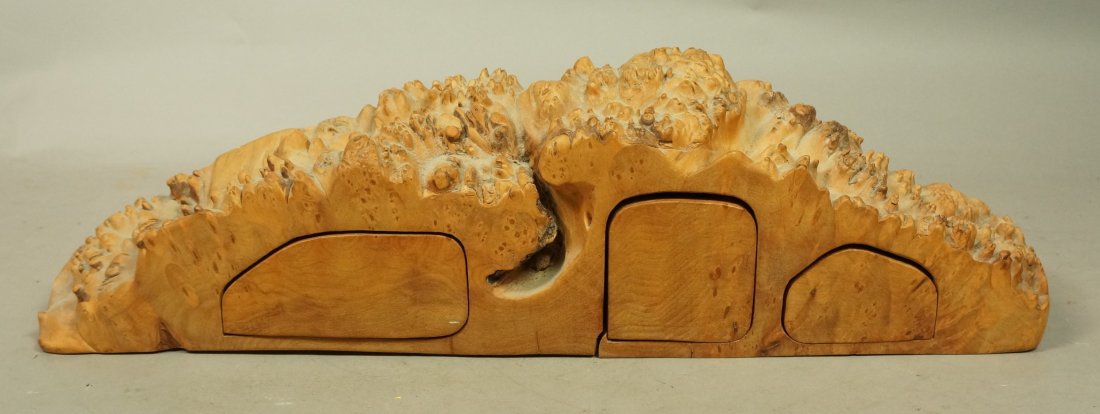 MICHAEL ELKAN '79 Handmade Wood Jewelry Treasure: MICHAEL ELKAN '79 Handmade Wood Jewelry Treasure Box. Three lined drawers. Raw textured burl finish. Signed.-- Dimensions: H: 5.5 inches: W: 19.5 inches: D: 4 inches --- US Shipping charge: $35