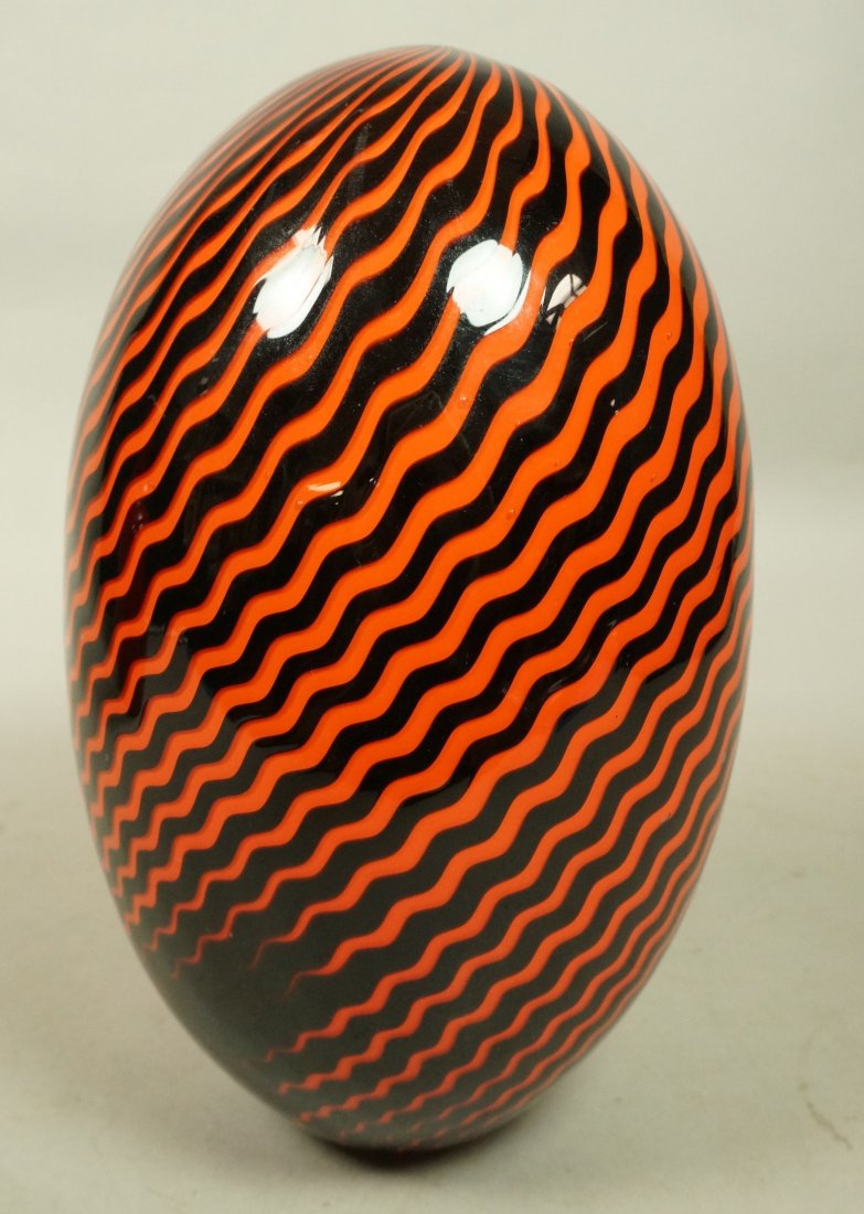 Large Egg Shaped Art Glass Vase. Orange & Black B: Large Egg Shaped Art Glass Vase. Orange & Black Banded design. Signed.-- Dimensions: H: 11 inches: W: 7 inches --- US Shipping charge: $35