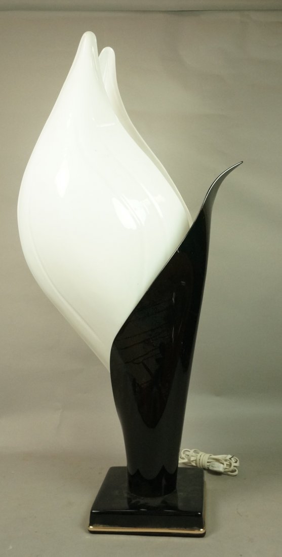 ROUGIER Style Black and White Floral Form Lamp. B: ROUGIER Style Black and White Floral Form Lamp. Black frame & base with two white petal shades. Not marked.-- Dimensions: H: 36 inches: W: 19 inches: D: 11 inches ---