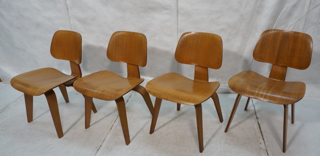 4pc Early CHARLES EAMES Molded Plywood DCW Chairs: 4pc Early CHARLES EAMES Molded Plywood DCW Chairs. KNOLL. Hard to find a set of 4. 1940's-- Dimensions: H: 29 inches: W: 19.25 inches: D: 22.25 inches ---