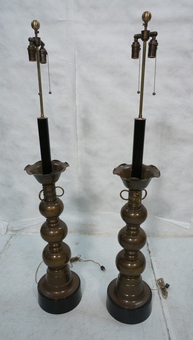 Pair Tall Decorator Metal and Wood Lamps. Stacked: Pair Tall Decorator Metal and Wood Lamps. Stacked ball form with rippled bowl top. Ebonized wood trim. -- Dimensions: H: 61 inches: W: 10 inches ---