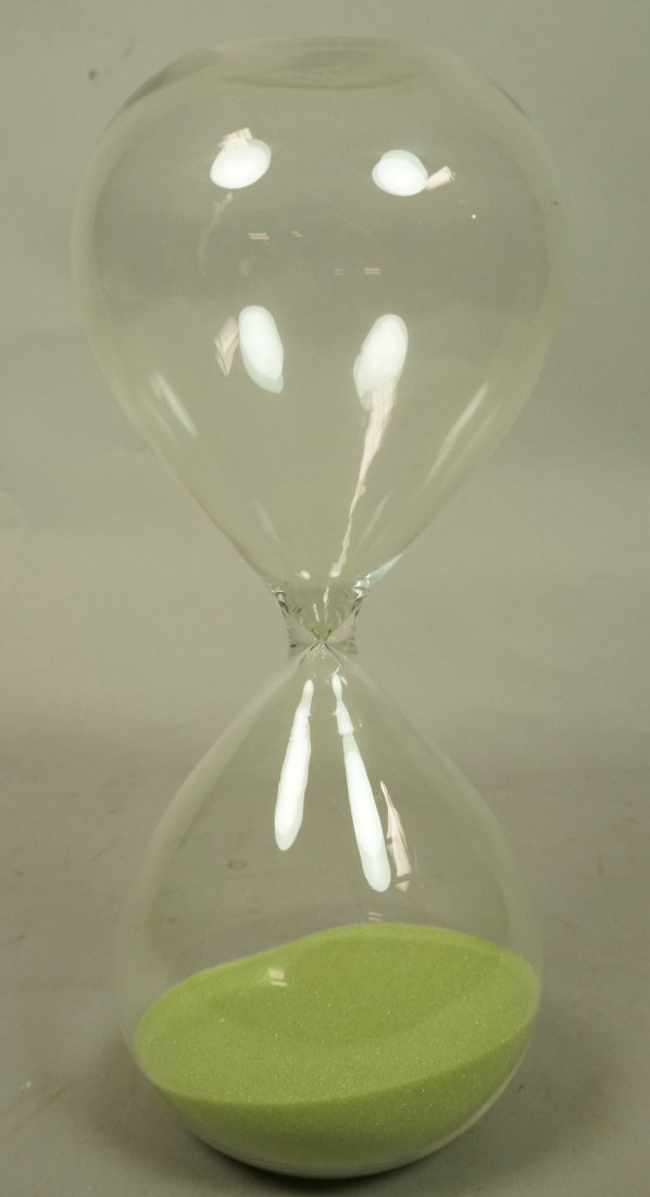 Art Glass Hourglass. Collard Green Sand In Large: Art Glass Hourglass. Collard Green Sand In Large Clear Hour Glass. -- Dimensions: H: 10.75 inches: W: 4.25 inches --- US Shipping charge: $35