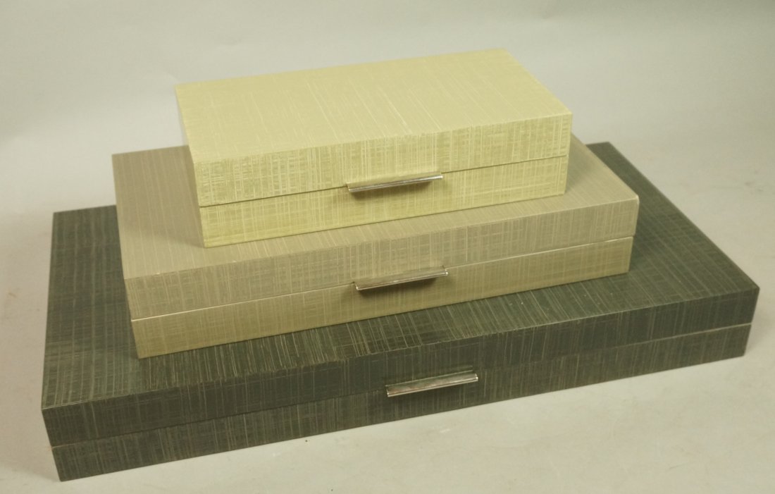 Set 3 BARBARA BARRY Stacking Jewelry Boxes. Woven: Set 3 BARBARA BARRY Stacking Jewelry Boxes. Woven patterned resin finish. Lined. Marked.-- Dimensions: H: 2.5 inches: W: 19.5 inches: D: 10 inches ---