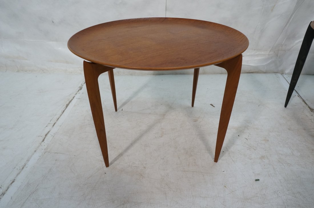 FRITZ HANSEN Round Danish Teak Tray Side Table. T: FRITZ HANSEN Round Danish Teak Tray Side Table. Teak tapered legs. Stamped Mark: FH Made in Denmark. Danish control label. ILLUMS BOLIGHUS metal tag. -- Dimensions: H: 16.5 inches: W: 23.5 inches ---