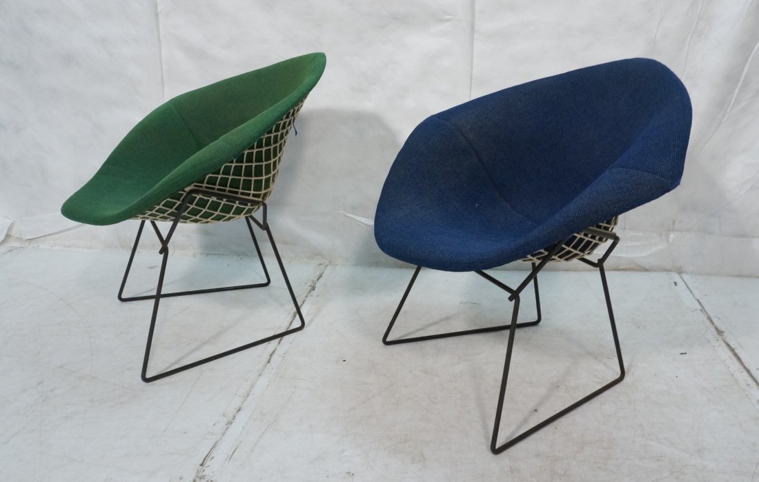 Pr Diamond Chairs. HARRY BERTOIA for KNOLL. One G: Pr Diamond Chairs. HARRY BERTOIA for KNOLL. One Green. One blue. White grid seat frame with black iron legs. KNOLL labels. -- Dimensions: H: 30.5 inches: W: 33 inches: D: 29 inches ---