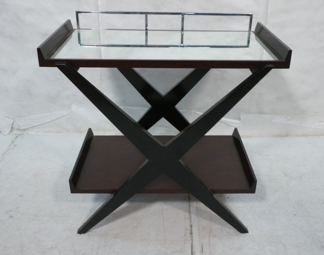 Ebonized Decorator Mirrored Top Console Table. Eb: Ebonized Decorator Mirrored Top Console Table. Ebonized frame with "X" design. -- Dimensions: H: 36.5 inches: W: 38.5 inches: D: 20 inches ---