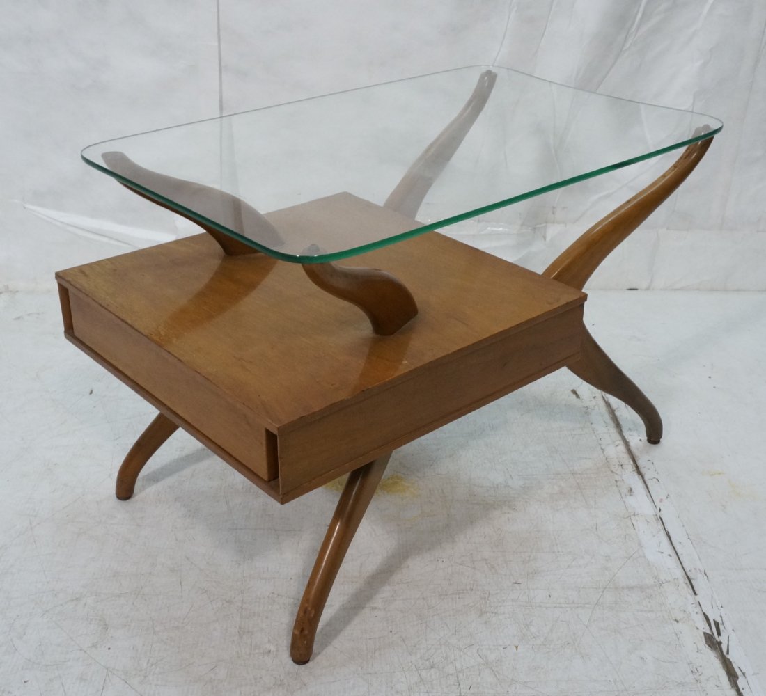 ADRIAN PEARSALL One Drawer Side Table. Shaped gla: ADRIAN PEARSALL One Drawer Side Table. Shaped glass top. American Modern Walnut frame.-- Dimensions: H: 21.75 inches: W: 20 inches: D: 33 inches ---