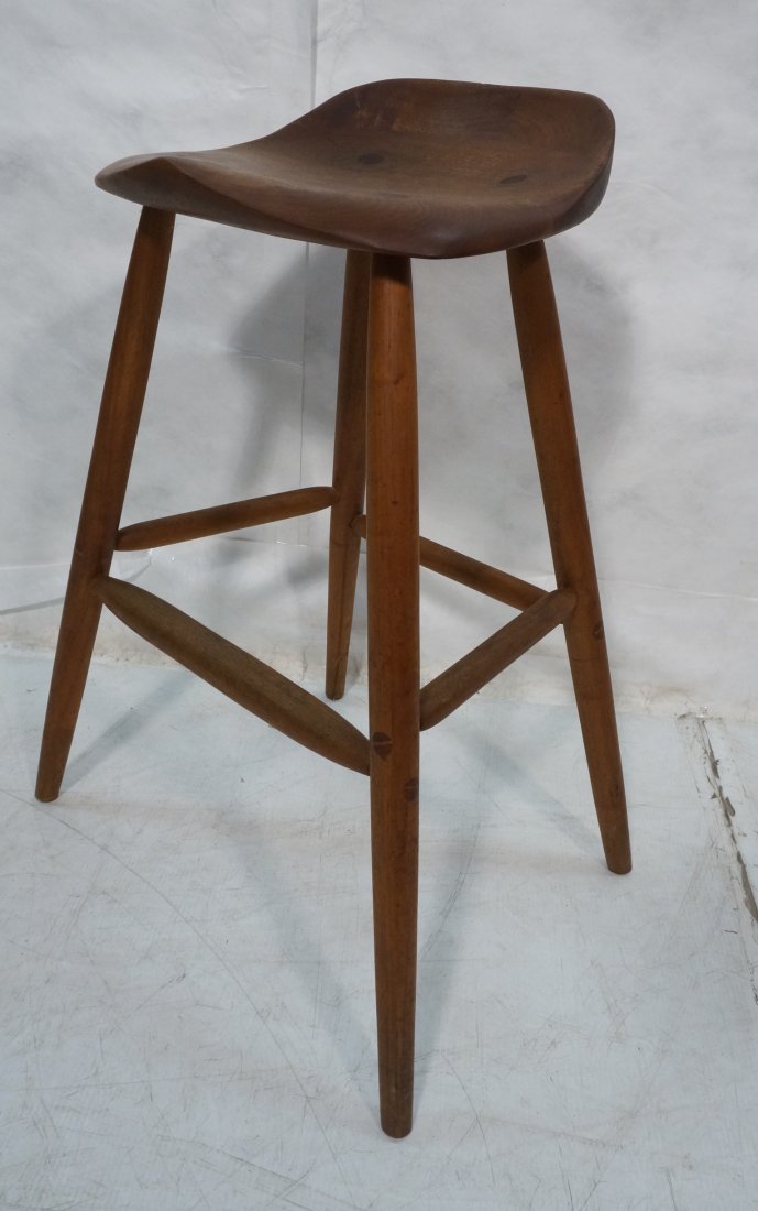 HUGH DAVIES Walnut Bar Stool. Bottom Footrest Str: HUGH DAVIES Walnut Bar Stool. Bottom Footrest Stretchers. Branded.-- Dimensions: H: 33 inches: W: 26 inches: D: 18.5 inches ---