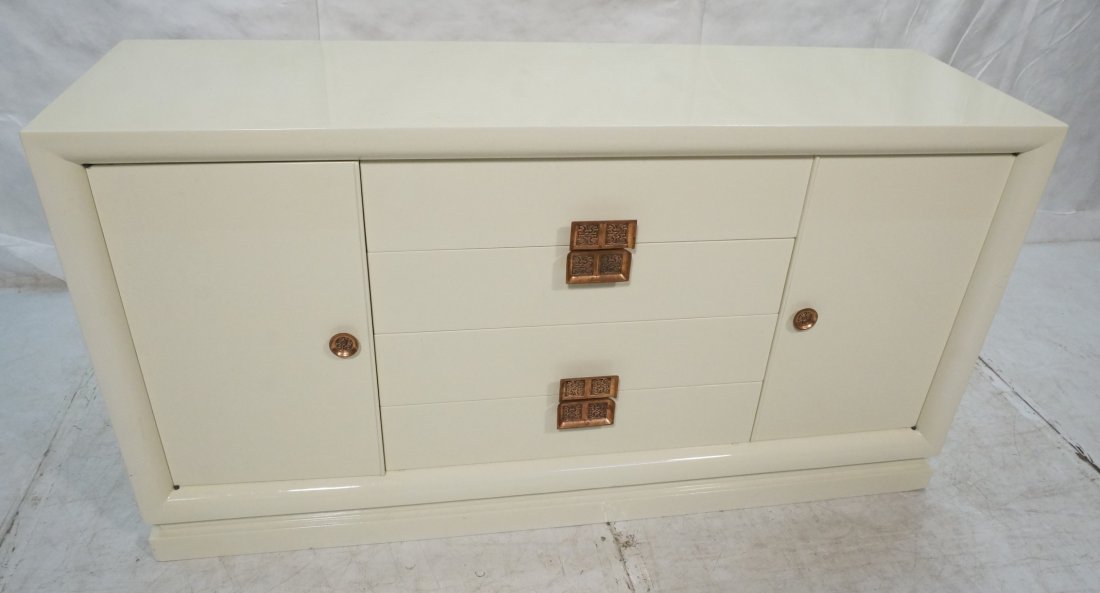 Decorator White Lacquered Sideboard Credenza. Cop: Decorator White Lacquered Sideboard Credenza. Copper color hardware. Interior drawers. -- Dimensions: H: 34.75 inches: D: 20.25 inches: L: 66 inches ---