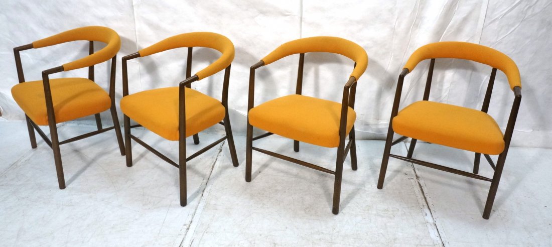 Set 4 Robsjohn Gibbings style Walnut Chairs. Ame: Set 4 Robsjohn Gibbings style Walnut Chairs. American Modern Arm Chairs with upholstered seats and back/arm combination. Yellow Gold Fabric. Not marked-- Dimensions: H: 29.5 inches: W: 22 inches: D: 2