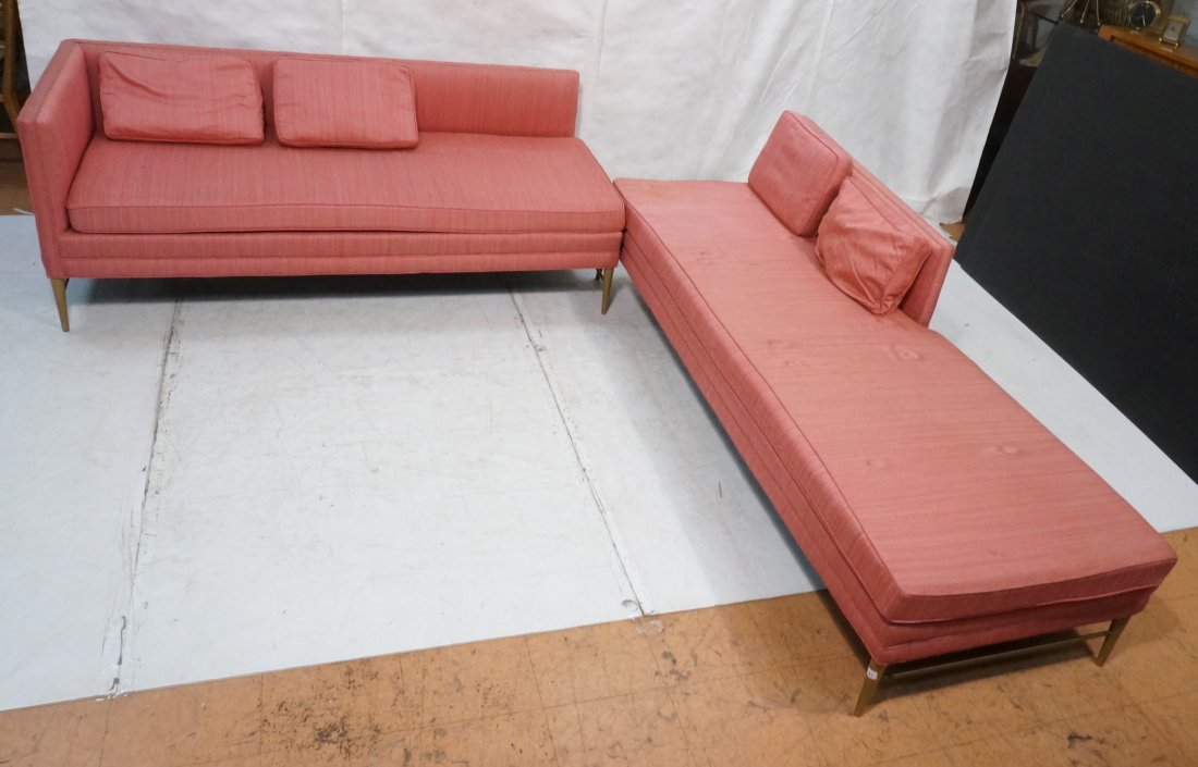 2pc Upholstered PAUL McCOBB Sofa Couch Set. One p: 2pc Upholstered PAUL McCOBB Sofa Couch Set. One piece with one arm. One armless. Tapered walnut legs with Brass rod stretchers. -- Dimensions: ---
