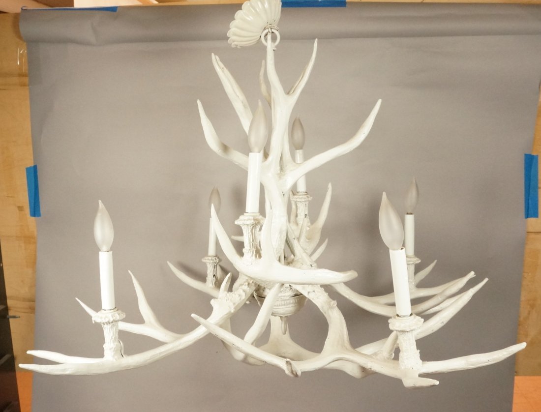 Large Antler Form Chandelier Hanging Light. Paint: Large Antler Form Chandelier Hanging Light. Painted White. Six Lights.-- Dimensions: H: 29 inches: W: 37 inches: D: 37 inches ---