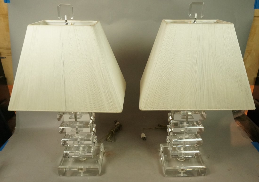 Pr Stacked Lucite Slabs Table Lamps. 70's Modern.: Pr Stacked Lucite Slabs Table Lamps. 70's Modern. Original Matching Finials. Woven thread shades.-- Dimensions: H: 27.5 inches: W: 16 inches: D: 11 inches ---