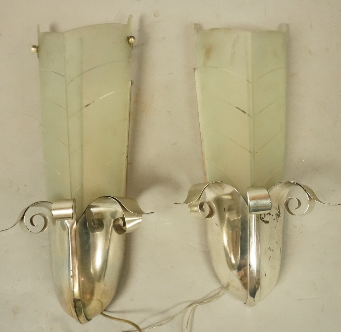 Pr Art Deco Silver Plate Wall Sconces. Two Bowed: Pr Art Deco Silver Plate Wall Sconces. Two Bowed Frosted Glass Panels. -- Dimensions: H: 13 inches: W: 5 inches: D: 5 inches ---