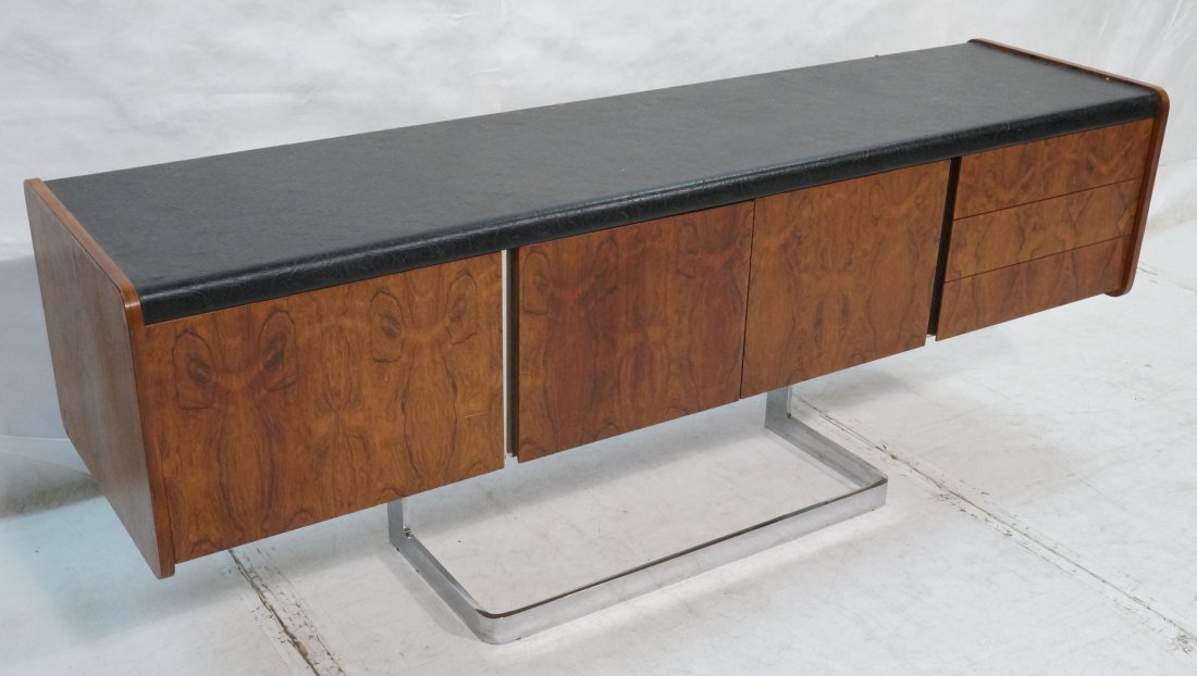 STE MARIE & LAURENT Inc Rosewood & Chrome Credenz: STE MARIE & LAURENT Inc Rosewood & Chrome Credenza Sideboard. Three Doors, Three Drawers. Black vinyl top. Marked.-- Dimensions: H: 28.5 inches: D: 18 inches: L: 72 inches ---